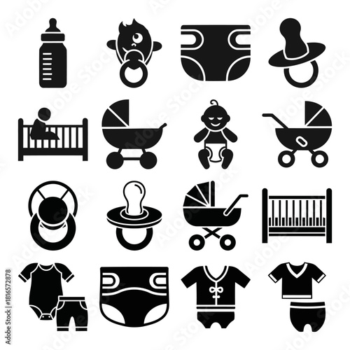 Solid filled icon set featuring essential baby care items including diaper bottle pacifier stroller and crib for newborn and infant needs