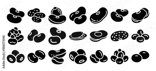 Solid filled icon set featuring various bean types including navy lima pinto fava mung and adzuki beans for diverse culinary and agricultural applications