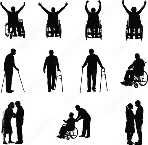 Silhouette collection of people using wheelchairs, walkers, and mobility aids, illustrating caregiving, support, disability empowerment, rehabilitation, assistance, and inclusive lifestyle scenes