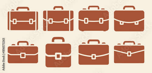 Collection of solid filled briefcase icons showcasing diverse sizes and styles including compact expandable slim and standard options for business and travel