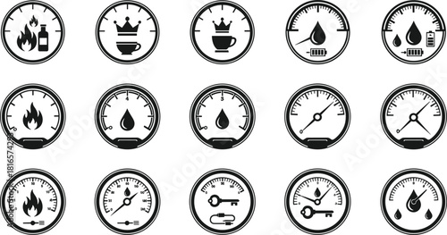 Dashboard gauge icon set with fire, fuel, crown, water, battery, key, needle, droplet, symbols, flat vector