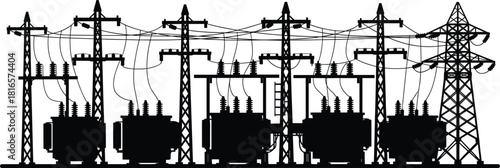 Electrical substation silhouette, high voltage transformers, transmission towers, utility poles, insulators, power distribution system, industrial energy infrastructure, cad drawing flat vector