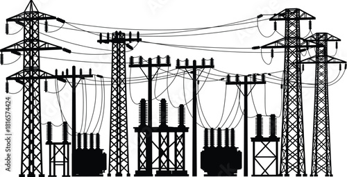 Electrical substation silhouette, high voltage transmission towers, transformers, circuit breakers, utility poles, power grid infrastructure, industrial energy distribution system flat vector