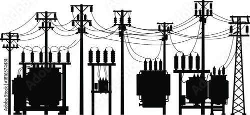 Electrical substation silhouette, power transmission infrastructure, utility poles, transformers, circuit breakers, lattice tower, industrial energy facility illustration flat vector