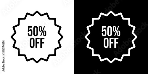 Minimal “Up to 50% Off” discount icon in clean outline style, perfect for sales, promotions, special offers, ecommerce banners, and modern UI designs.