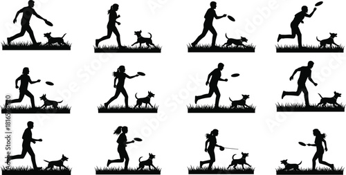 Dog and human silhouettes, running walking playing frisbee, pet training bonding, outdoor activity lifestyle, companionship exercise, animal care interaction, flat vector