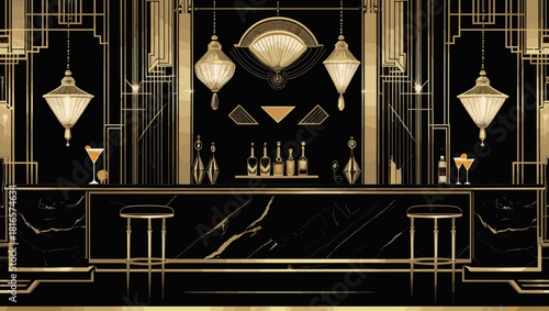 Art Deco Inspired Bar Scene with Elegant Gold and Black Design 