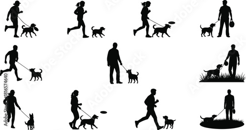 Dog and human silhouettes, jogging walking playing fetch, pet training bonding, outdoor activity lifestyle, companionship exercise, animal care interaction, flat vector