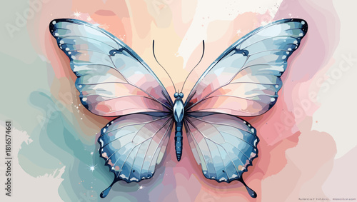 Beautiful Butterfly Illustration in Pastel Colors on Watercolor Background 
