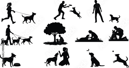 Dog and human interaction silhouettes, pet training, walking, playing fetch, companionship bonding, outdoor activity, animal care lifestyle, flat vector