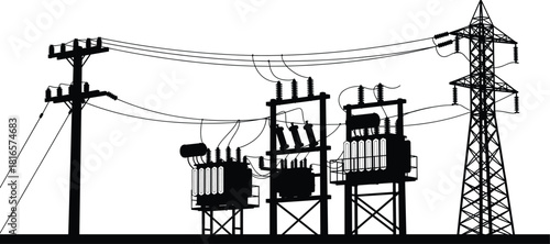 PrintElectrical infrastructure silhouettes vector, transmission tower utility pole transformers insulators wiring illustration, power distribution system icons, energy grid design graphics
