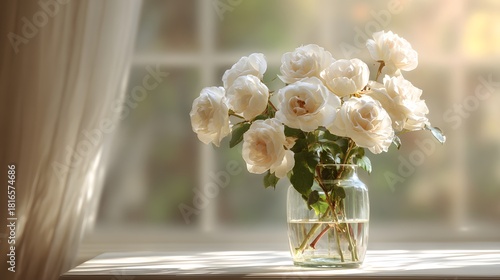 Bouquet of beautiful white roses in a glass vase on a sunny windowsill.