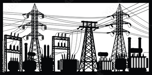 Electrical substation silhouettes vector, transmission towers transformers circuit breakers insulators busbars illustration, power distribution infrastructure icons, energy grid system graphics