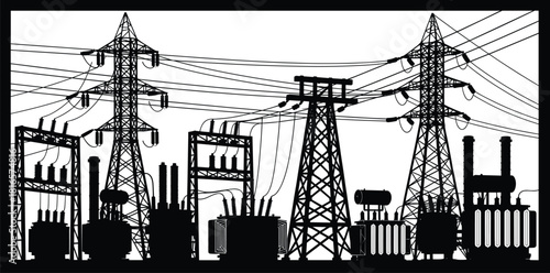 Electrical substation silhouettes vector, transformers transmission towers circuit breakers insulators busbars illustration, power distribution infrastructure icons, energy grid design graphics