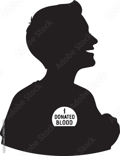 Silhouette of a smiling person with a 'i donated blood' badge on chest supporting donation concept