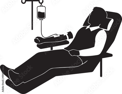Silhouette of person donating blood in a chair with iv drip bag and equipment