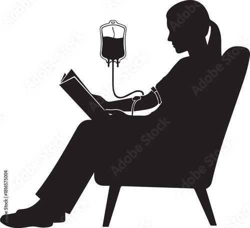 Silhouette woman sitting in chair receiving iv therapy while reading a book