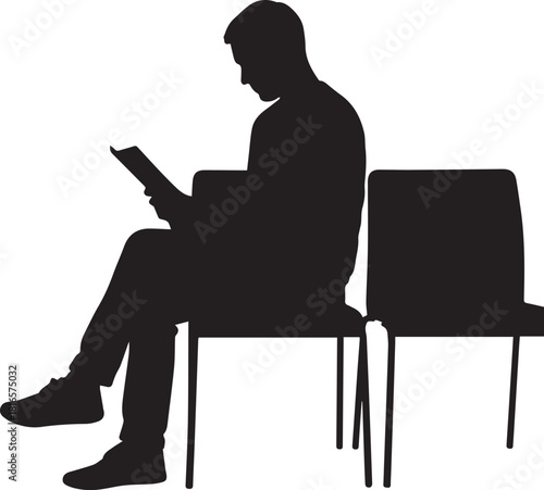 Silhouetted man sitting patiently reading a book in a waiting room scene