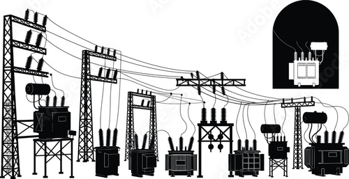 Electrical substation silhouette with transformers, circuit breakers, busbars, transmission towers, high voltage power lines, energy distribution infrastructure illustration flat vector