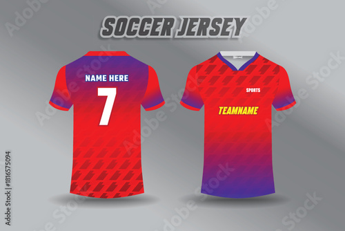 Soccer jersey design template with red and purple gradient and geometric pattern
