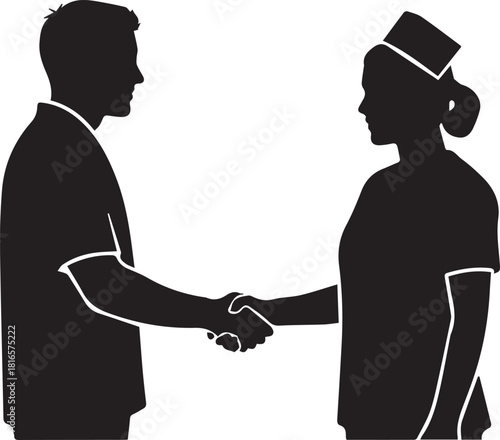 Doctor and patient silhouette shaking hands representing healthcare partnership and professional greeting