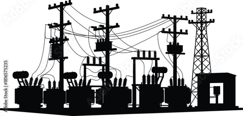 Electrical substation silhouettes with transformers, circuit breakers, insulators, utility poles, transmission towers, high‑voltage power lines, energy , grid system, flat vector
