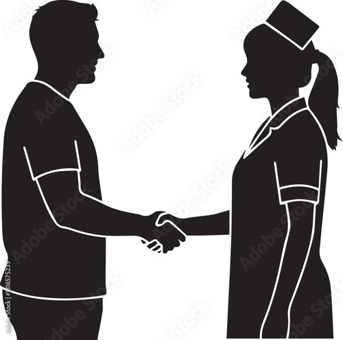 Male patient and female nurse shaking hands in silhouette medical healthcare agreement handshake