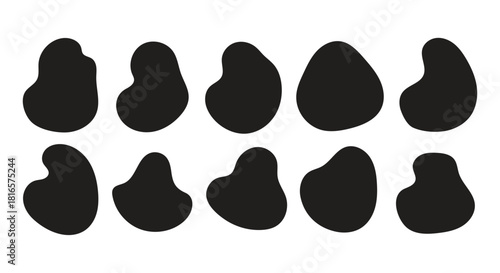 Abstract fluid blob and soft organic round shape set featuring curved wavy outlines, bubble oval doodle elements, colourful irregular forms, smooth pattern textures, geometric decorative backgrounds