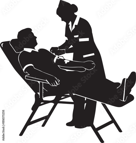 Vintage nurse administers treatment to patient in reclining chair medical silhouette