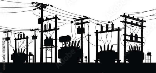 Electrical substation silhouettes with transformers, circuit breakers, insulators, utility poles, high‑voltage power lines, energy infrastructure illustration, grid distribution system, flat vector