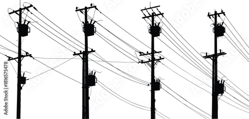 Electric utility poles, power lines, transformers, distribution network, silhouette illustration, urban infrastructure, energy supply system, electricity grid, flat vector