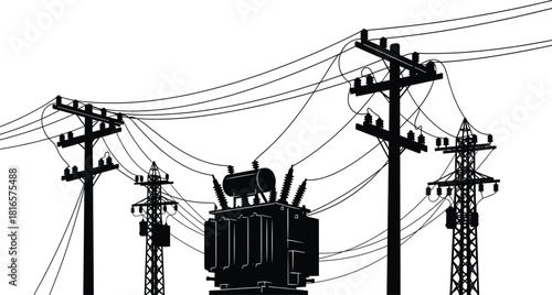 Electrical infrastructure silhouette with transmission towers, utility poles, central transformer, insulators, power lines,  network illustration, energy distribution system design, flat vector