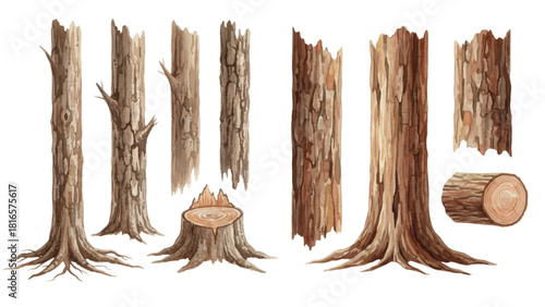 A collection of various cartoon tree trunks, stumps, and logs with detailed brown bark texture isolated on a transparent background.