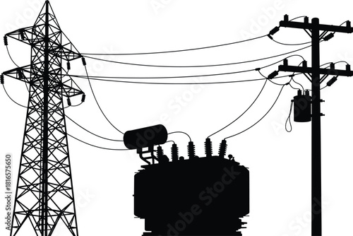 Electrical infrastructure silhouette with transmission tower, distribution transformer, utility pole, insulators, power lines, voltage grid, energy system illustration, flat vector