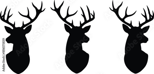 Deer head silhouette illustration, antler hunting decor, rustic wildlife symbol, symmetrical animal design, black flat vector art collection
