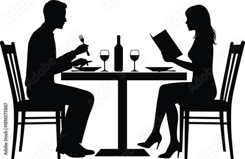 Dining couple silhouettes, restaurant table vector, romantic dinner illustration, wine glasses design, menu choice, date night concept, elegant meal, lifestyle