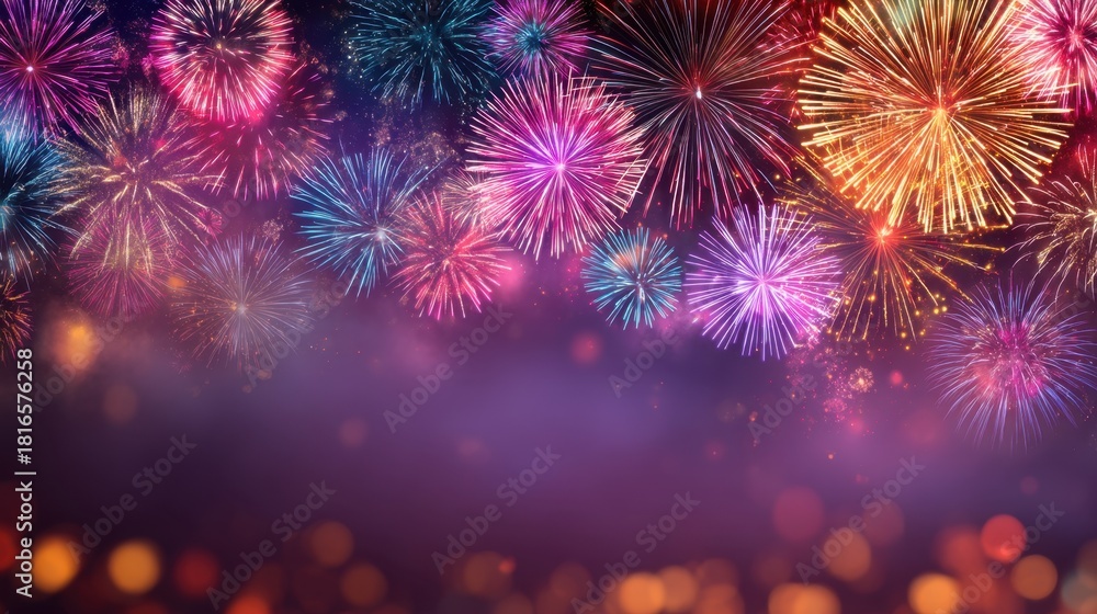Fototapeta premium Colorful Fireworks Display Against Dark Night Sky with Bokeh Effect for Celebrations, Events, or Festivals in a Vibrant Atmosphere