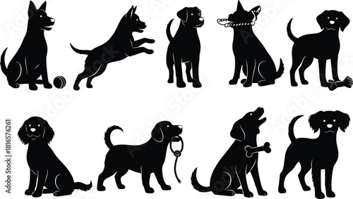 Dog silhouettes set, different breeds, sitting, standing, jumping, playing, rope toy, bone toy, pet care, loyalty, friendship, canine illustration