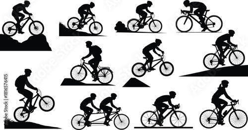 Cyclist silhouettes riding bicycles, mountain biking, road cycling, tandem bike, wheelie, jump, stunt, outdoor adventure, sports training, fitness, competition illustration