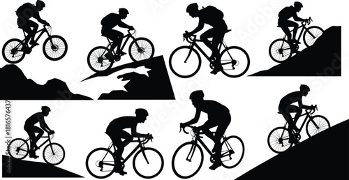 Cyclist silhouettes riding bicycles, mountain biking, road cycling, uphill, downhill, jumping, outdoor adventure, sports training, fitness, extreme sport, competition illustration
