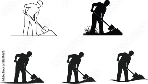 Construction worker silhouette, digging with shovel, manual labor posture, safety helmet, industrial task, black graphic, soil excavation, landscaping work, flat vector