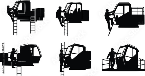 Construction worker silhouette, climbing heavy machinery, safety helmet, industrial labor, operator cabin access, ladder posture, occupational safety, black graphic, industrial site, flat vector