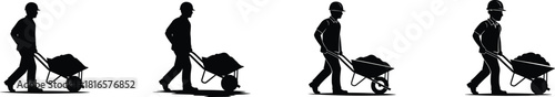Construction worker silhouette, wheelbarrow motion sequence, manual labor illustration, safety helmet, industrial effort, walking posture, black graphic, flat vector