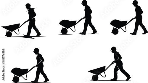 Construction workers pushing wheelbarrows, manual labor silhouettes, industrial workforce, safety helmets, heavy load transport, black vector illustration, flat vector