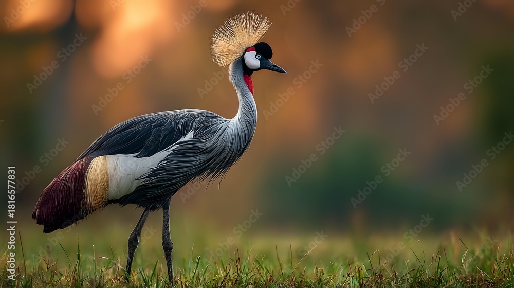 Fototapeta premium Elegant grey crowned crane with distinctive white cheek patches and golden crown standing in lush green grass against warm sunset background.