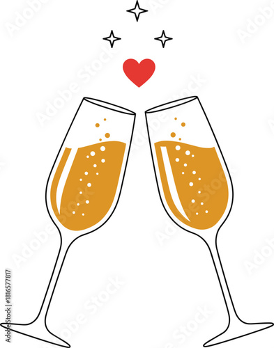 Two Champagne Glasses Toasting with Sparkling Wine, Red Heart, and Stars, Representing Celebration, Love, Happy Anniversary, and Special Occasion Vector.