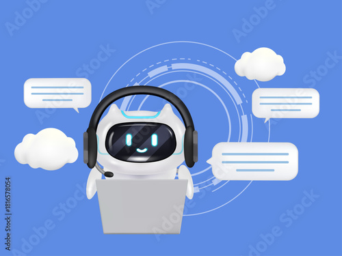 3D friendly chatbot surrounded by speech bubbles. AI communication and virtual support. Concept of AI and machine learning. 3D Rendering. Vector illustration