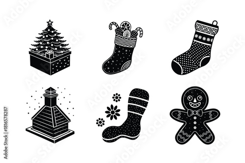 set of christmas silhouette icons