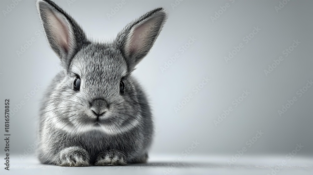 Obraz premium Gray baby rabbit with large ears looking directly at camera against minimalist light background, perfect for animal care or pet adoption campaigns.