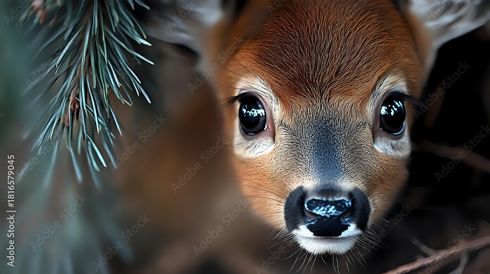 Obraz premium Close-up portrait of young deer fawn with large eyes and wet nose, showing innocent expression against blurred forest background.